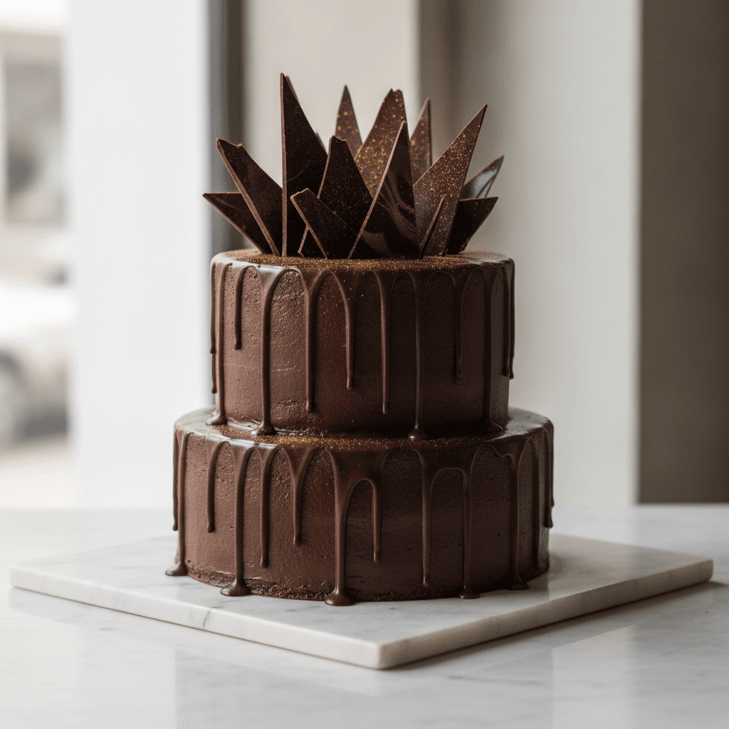 A dark chocolate celebration cake with