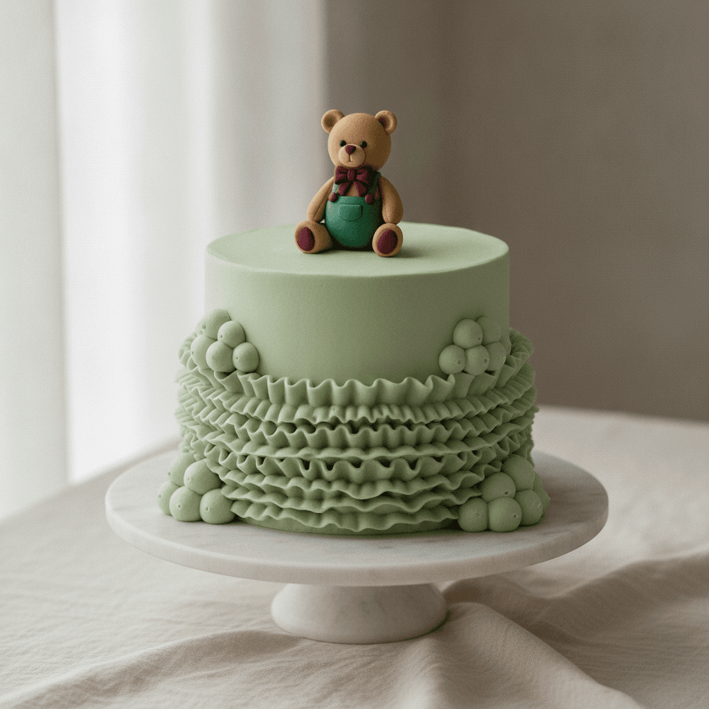 A soft pastel first-birthday cake with