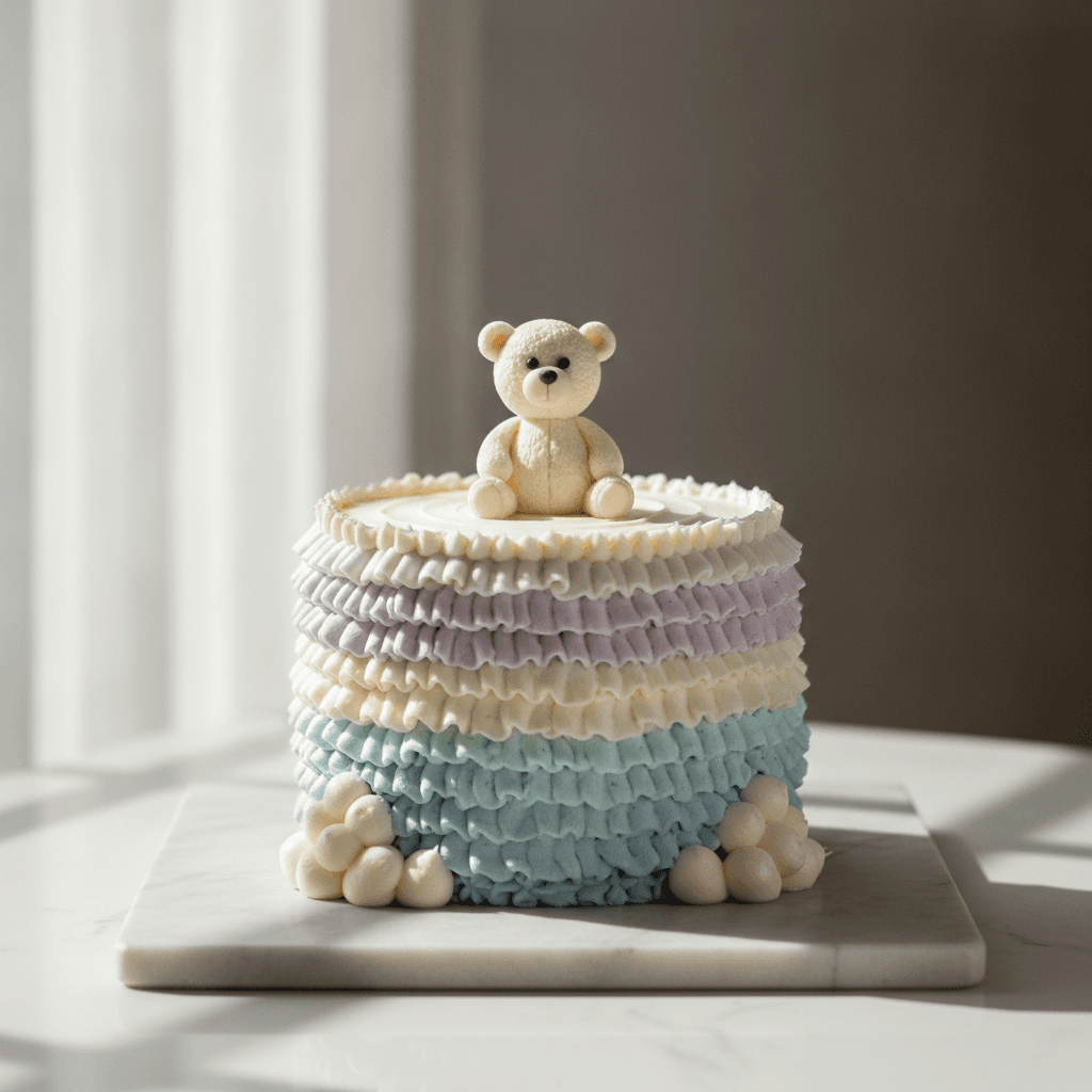 A soft pastel first-birthday cake with