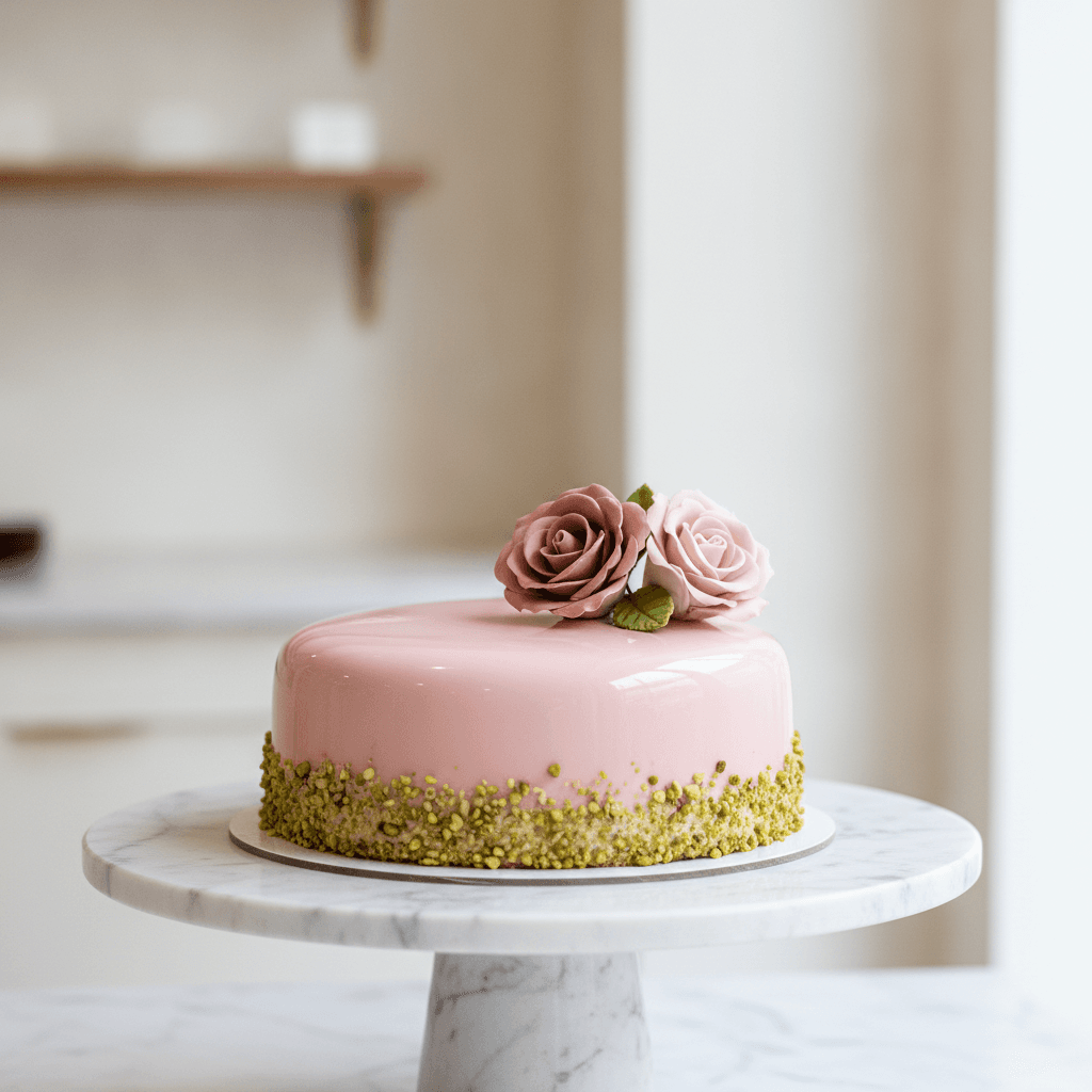 A single-tier pistachio and rose entremet