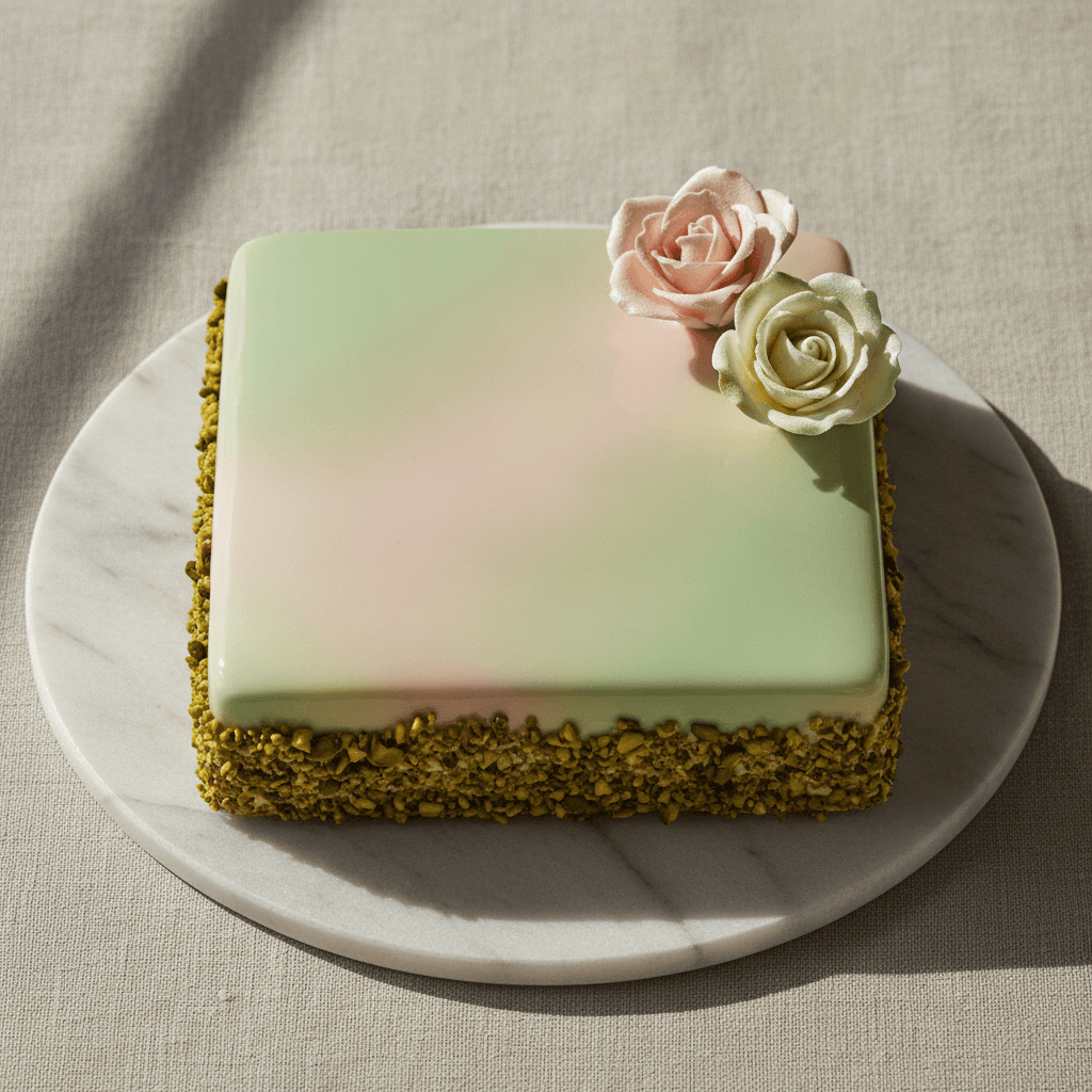 A single-tier pistachio and rose entremet